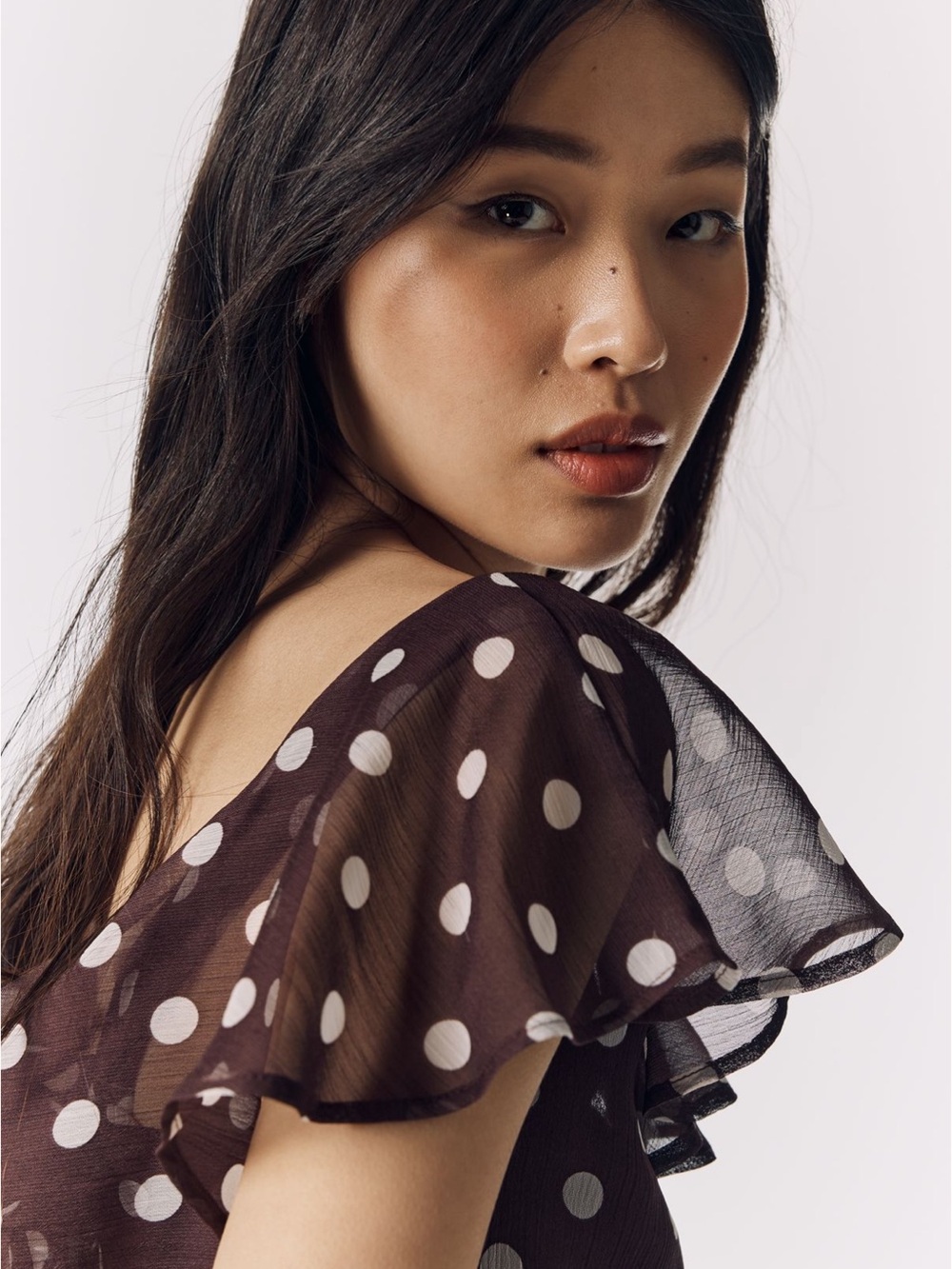 Anthropologie Brown Polka Dot Ruffle Sleeve V-Neck Top - Picture 2 of 5